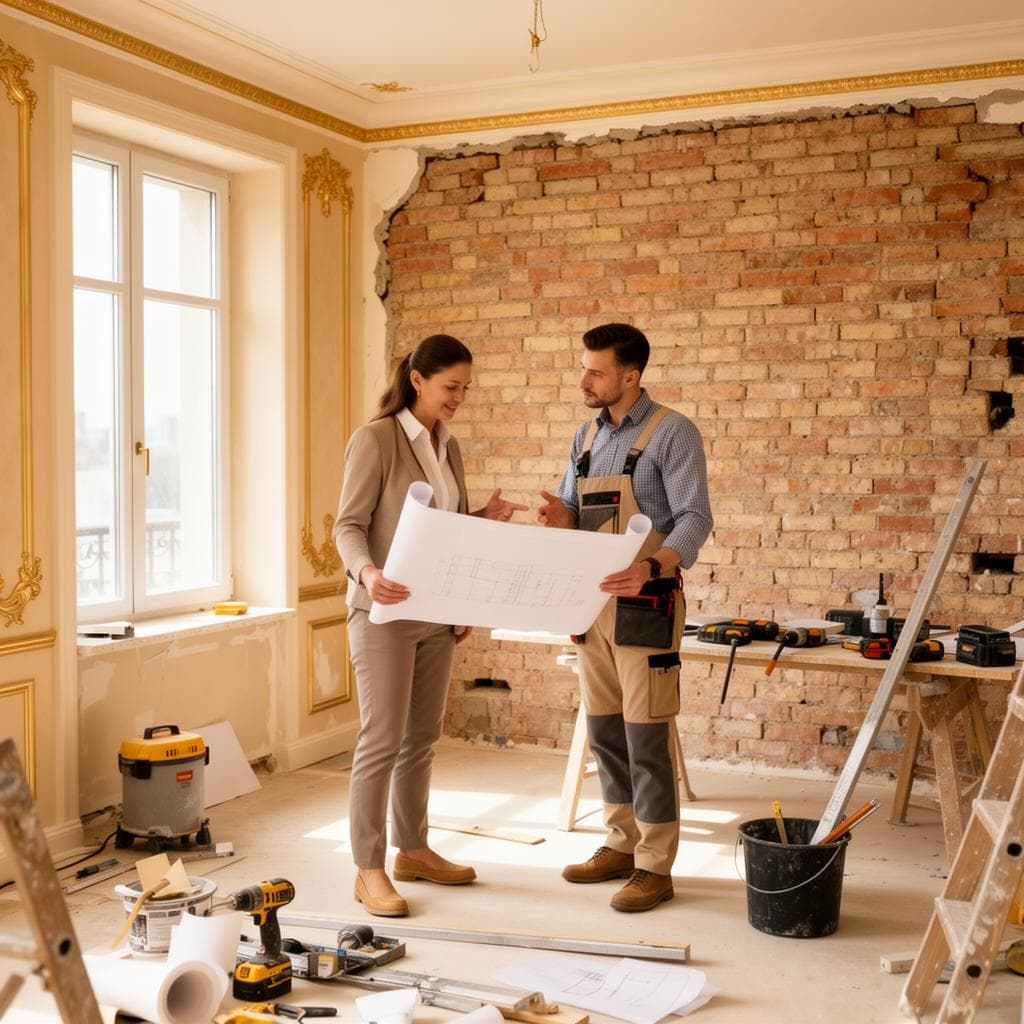 Accompagnement projet rénovation avec discussion client et architecte sur chantier