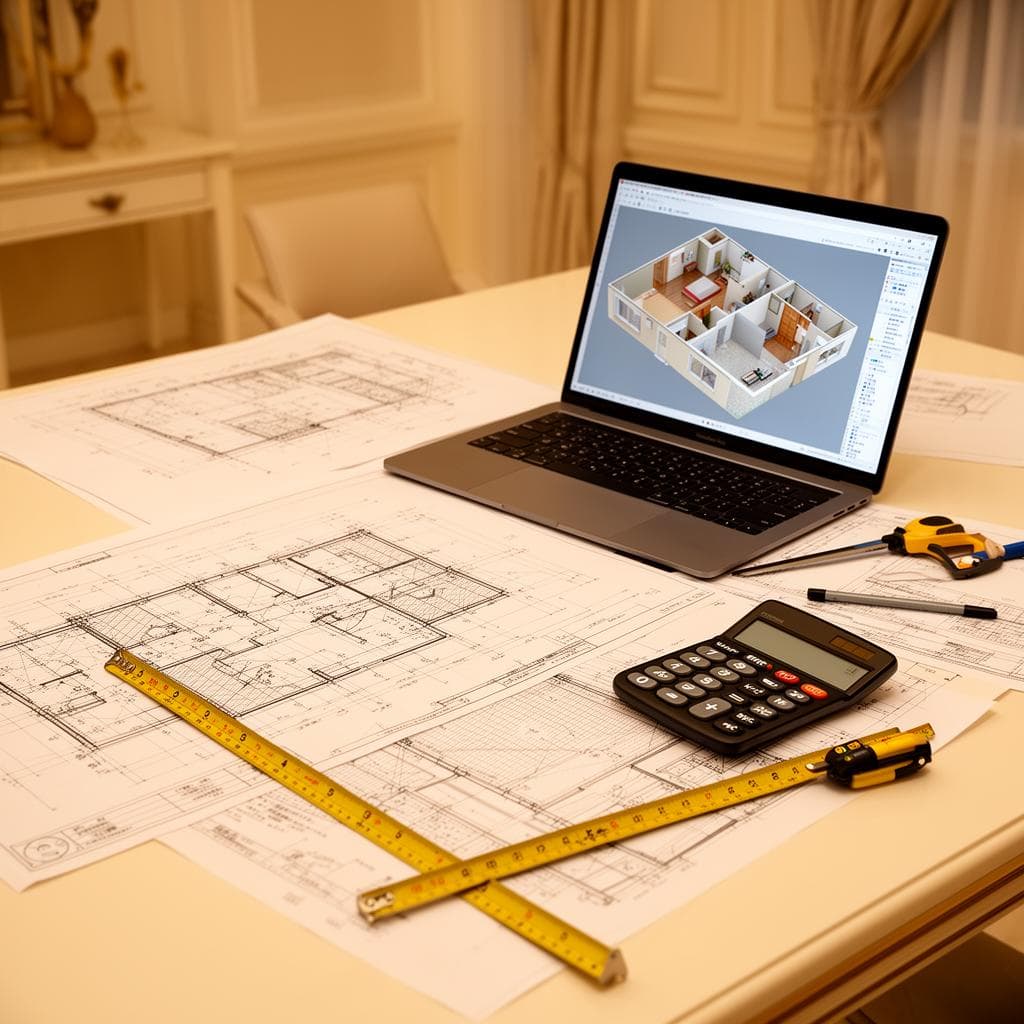 Étude de faisabilité rénovation avec plans techniques et outils de mesure