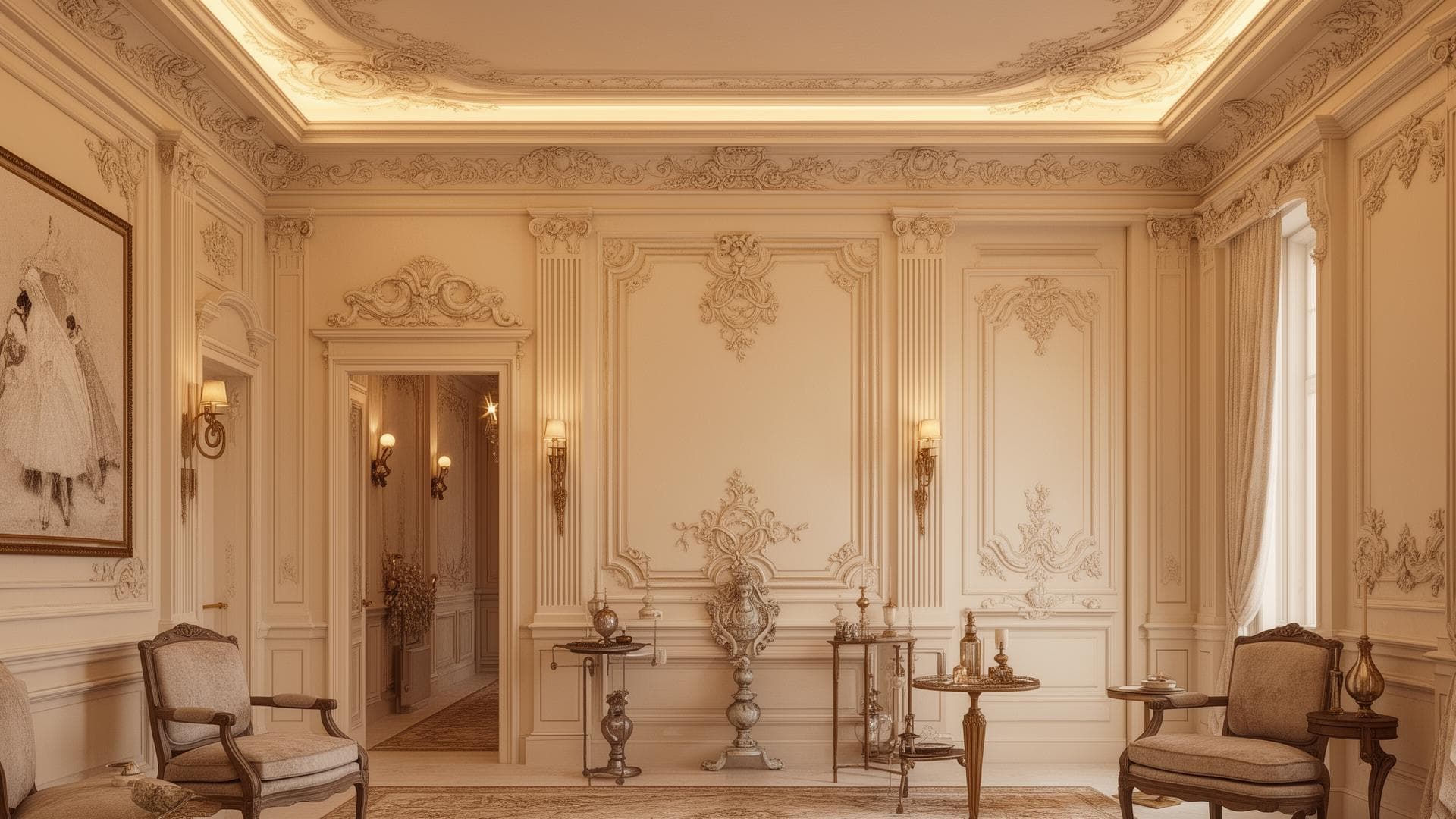 Finitions décoratives luxueuses avec moulures murales et corniches