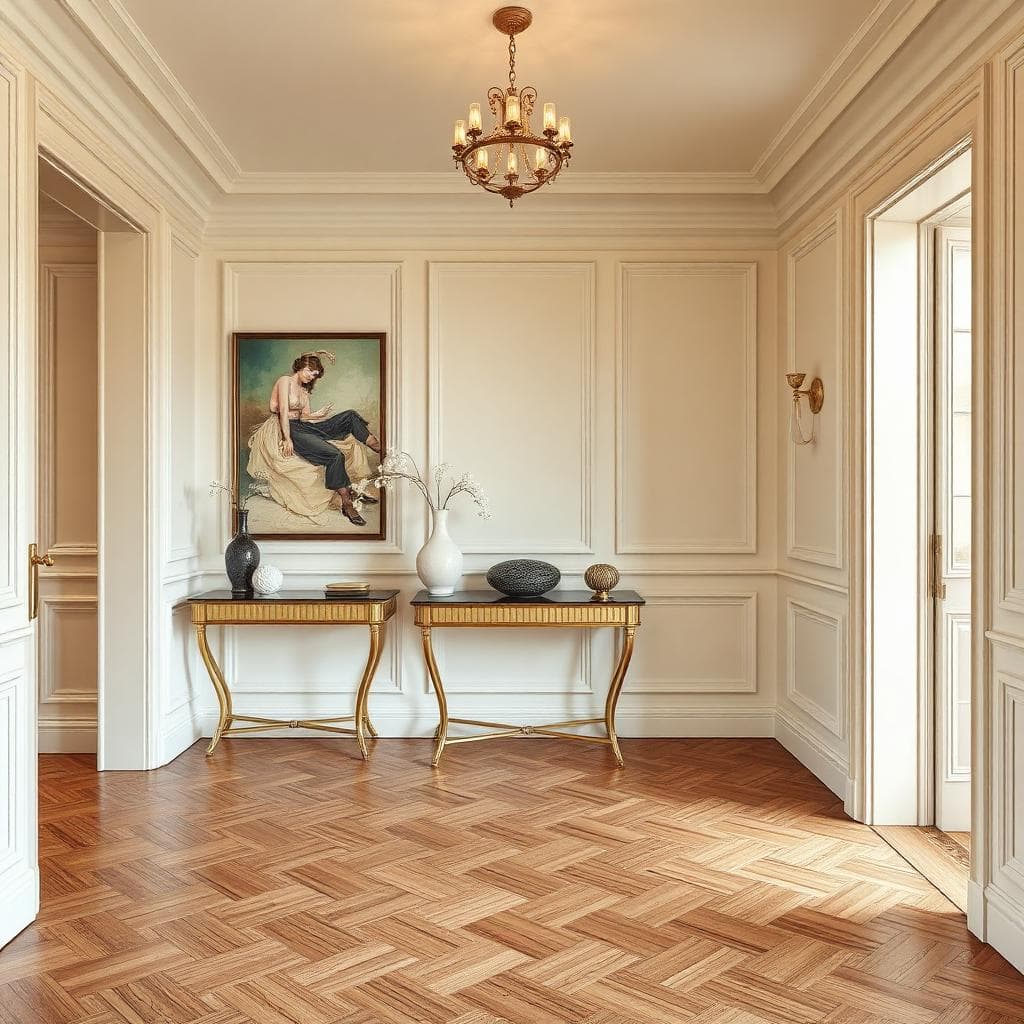 Idée déco maison avec entrée élégante et parquet point de Hongrie