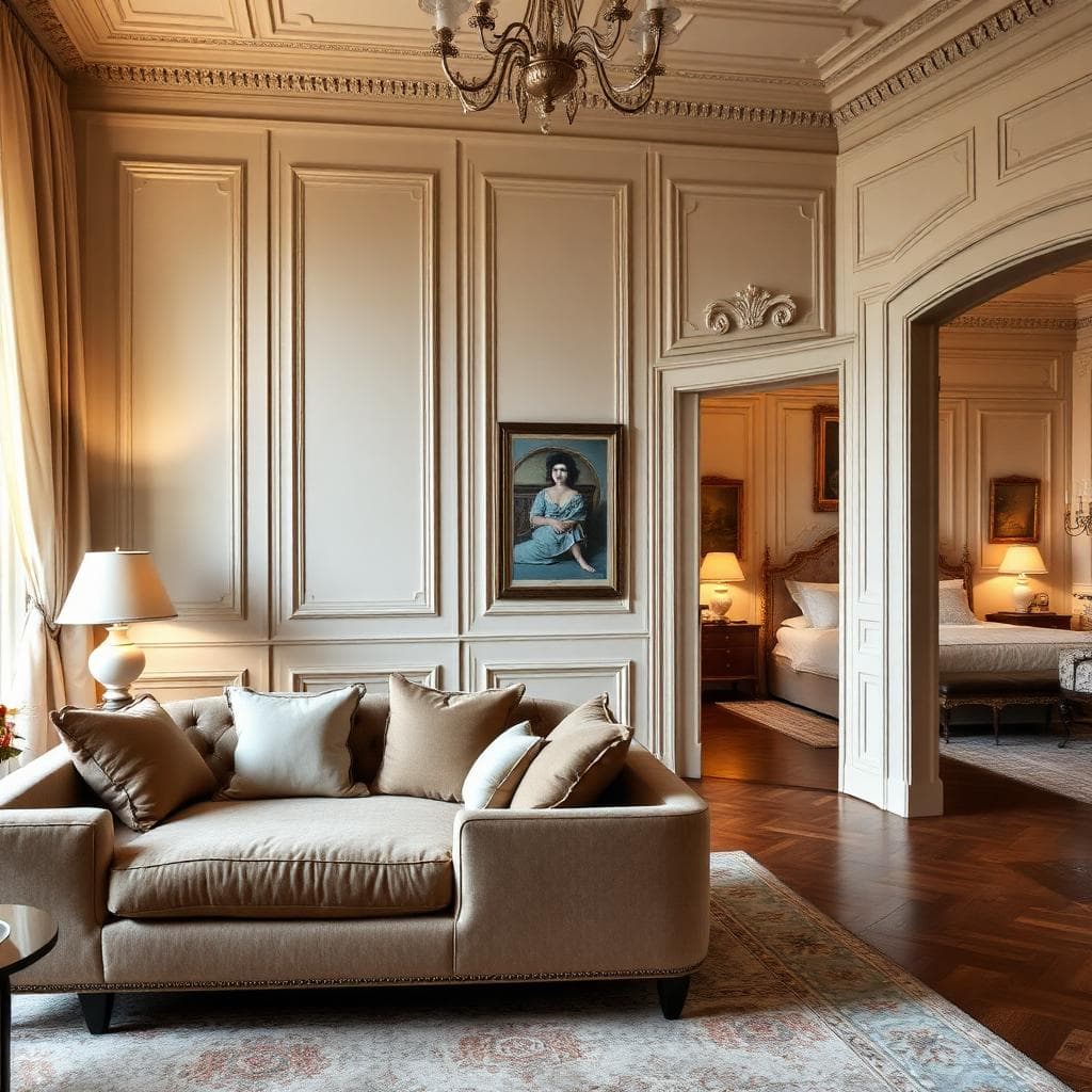 Idée déco salon et chambre avec mobilier raffiné et moulures