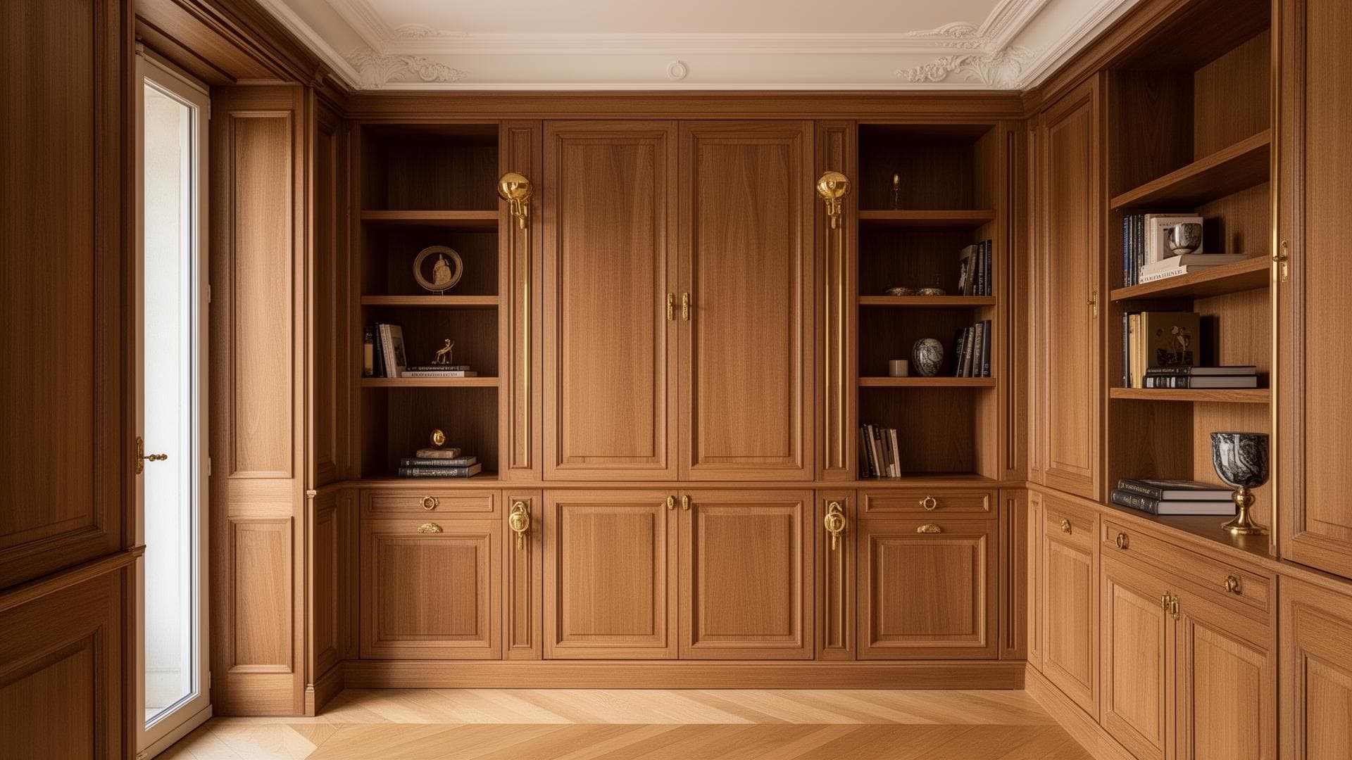 Menuiserie sur mesure avec bibliothèques intégrées et placards en bois noble