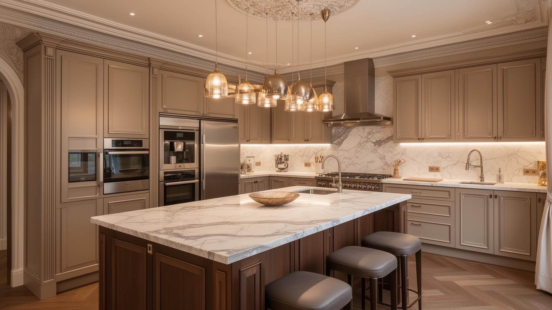 Rénovation cuisine haut de gamme avec plan de travail en marbre dans un intérieur luxueux
