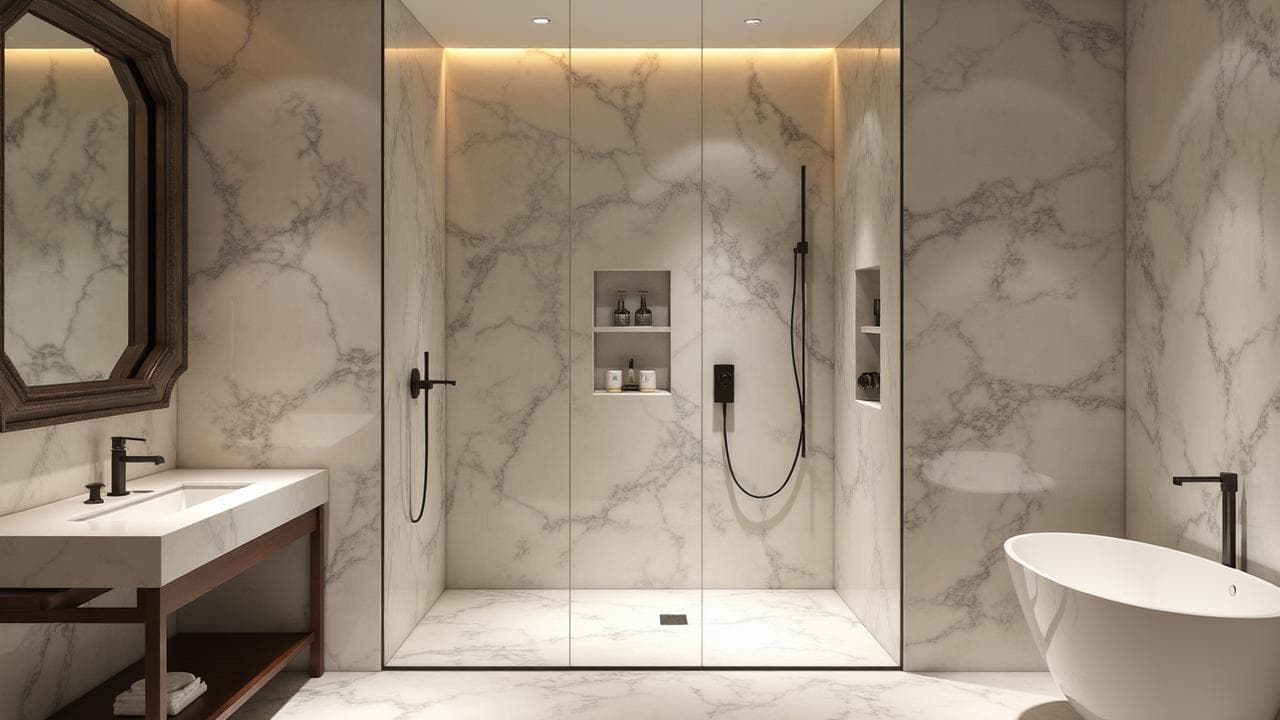 Rénovation salle de bain luxueuse avec douche à l'italienne et marbre
