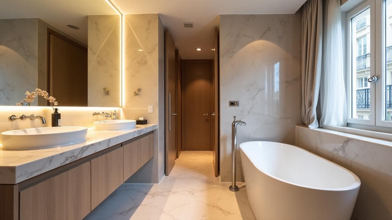 Salle de bain rénovée avec baignoire îlot et double vasque