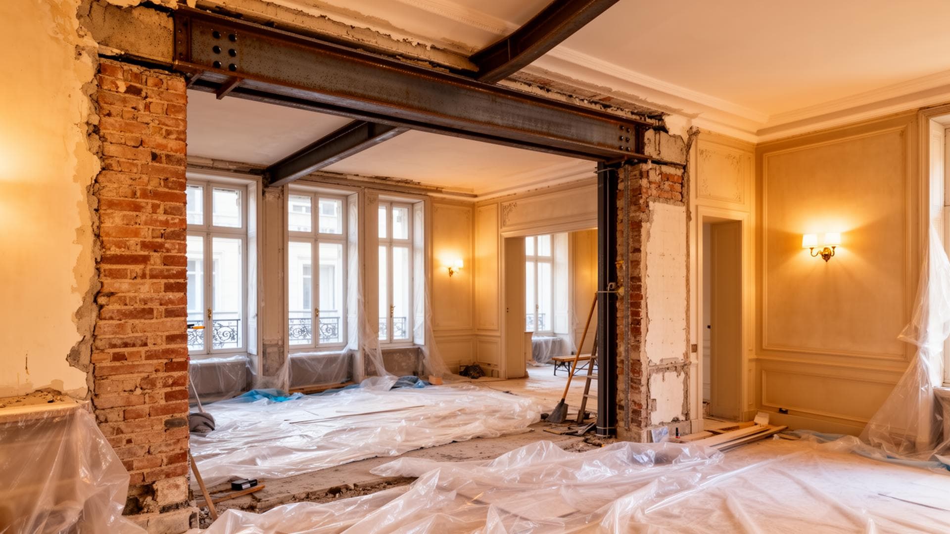 Travaux de structure avec ouverture mur porteur et pose IPN dans un appartement parisien